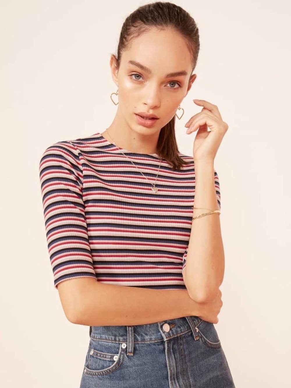 REFORMATION Striped Ribbed Top Red Navy Pink 3/4 Sleeve (M)